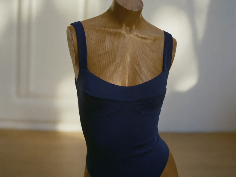 Costume intero blu profondo su busto in legno in un angolo luminoso