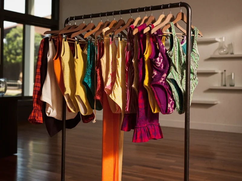Interno luminoso di una piccola boutique con costumi e copricostumi su stender